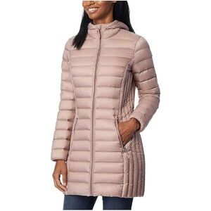 Light Rose Quilted Hooded Long Puffer Coat - Women's